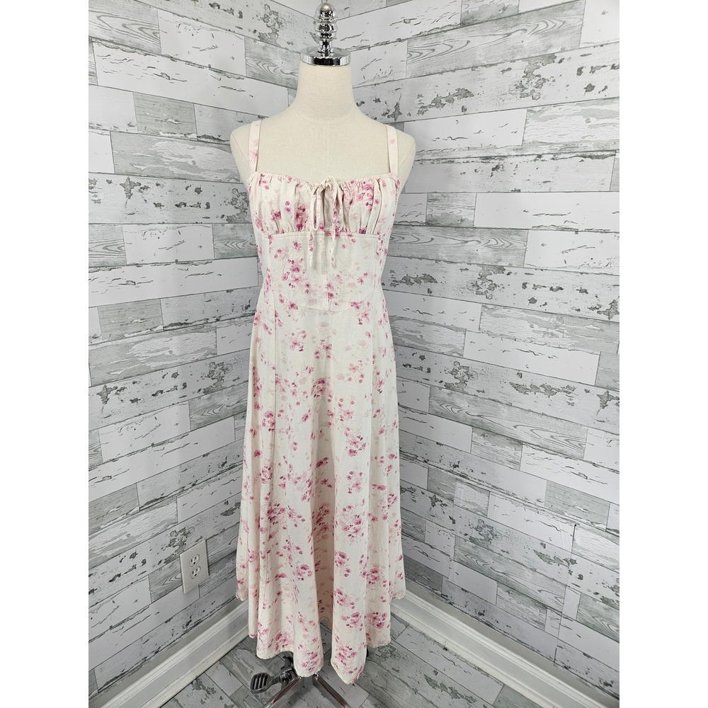 Sim & Sam Pink Floral Linen Blend Midi Dress Ruched Tie Front Pockets Large